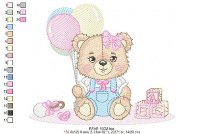 Birthday Bear with balloons embroidery designs - Baby Girl Bear with toys embroidery design machine embroidery pattern - Instant download