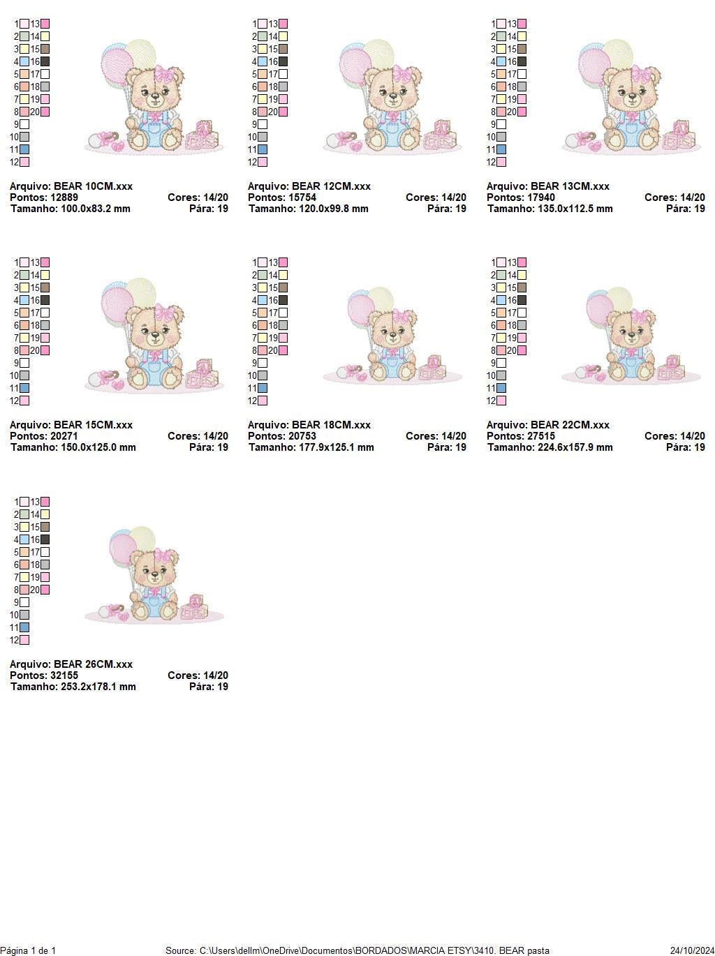 Birthday Bear with balloons embroidery design - Baby Girl Bear with toys machine embroidery pattern - Baby girl file - Instant digital download pes jef dst