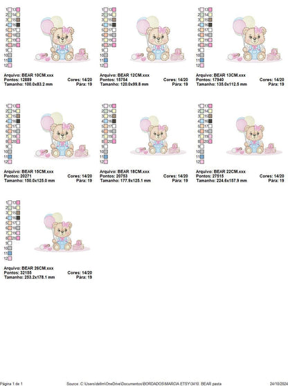Birthday Bear with balloons embroidery design - Baby Girl Bear with toys machine embroidery pattern - Baby girl file - Instant digital download pes jef dst