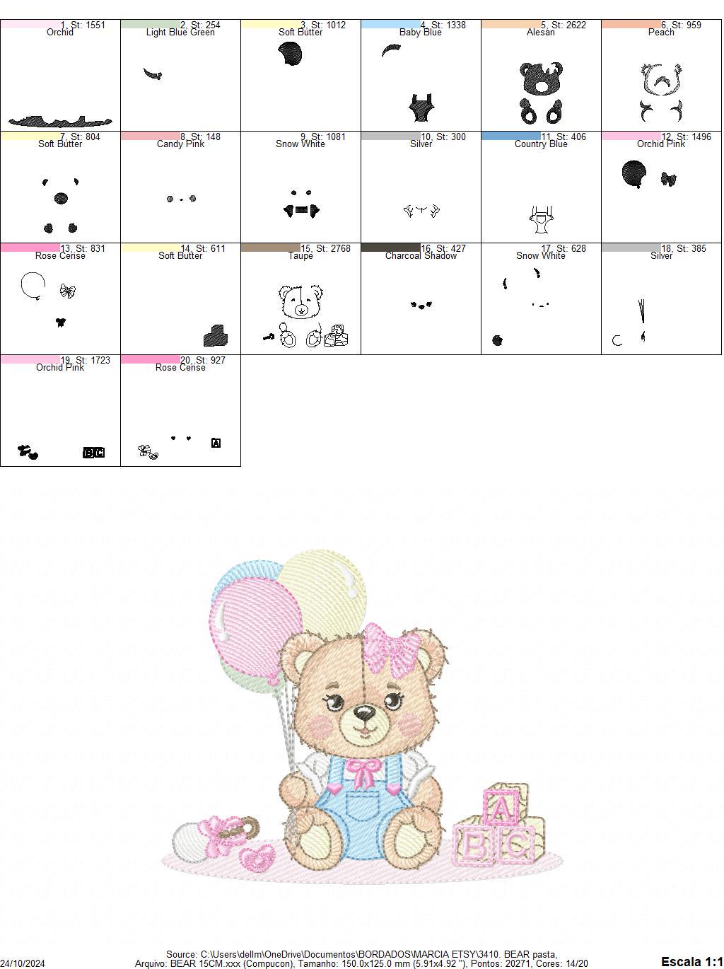 Birthday Bear with balloons embroidery designs - Baby Girl Bear with toys embroidery design machine embroidery pattern - Instant download