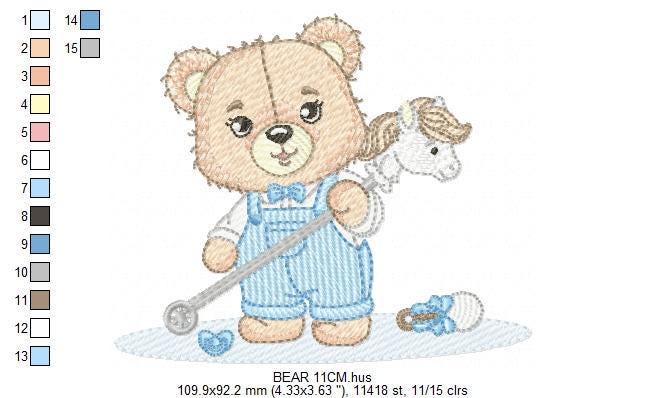 Bear with toy horse embroidery designs - Baby boy embroidery design machine embroidery pattern - Male Bear with tie - instant download pes