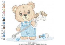 Load image into Gallery viewer, Bear with toy horse embroidery designs - Baby boy embroidery design machine embroidery pattern - Male Bear with tie - instant download pes
