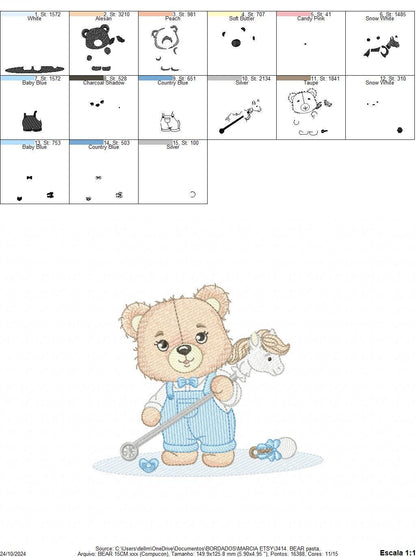 Bear with toy horse embroidery designs - Baby boy embroidery design machine embroidery pattern - Male Bear with tie - instant download pes