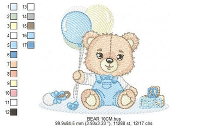 Party Bear with toys embroidery designs - Baby Boy Bear with balloons embroidery design machine embroidery pattern - instant download pes