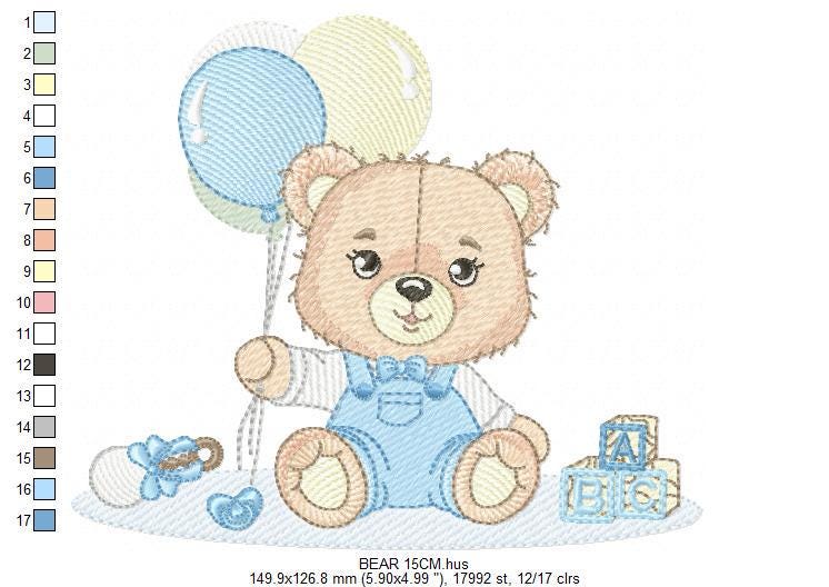 Party Bear with toys embroidery designs - Baby Boy Bear with balloons embroidery design machine embroidery pattern - instant download pes