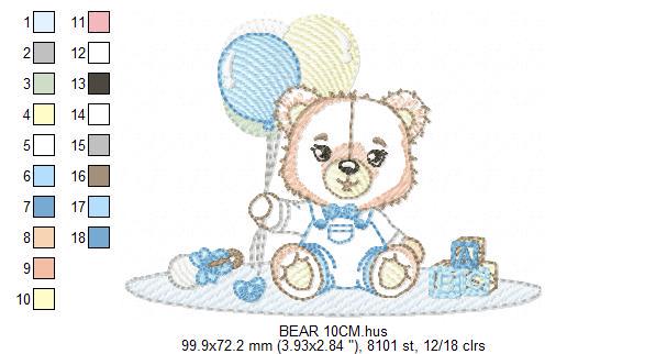 Bear playing with toys embroidery designs - Boy bear with balloons embroidery design machine embroidery pattern - instant download pes jef