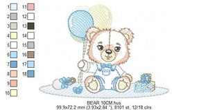 Bear playing with toys embroidery designs - Boy bear with balloons embroidery design machine embroidery pattern - instant download pes jef