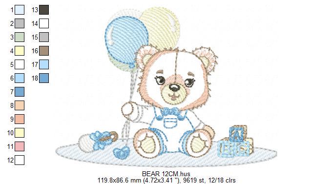 Bear playing with toys embroidery designs - Boy bear with balloons embroidery design machine embroidery pattern - instant download pes jef