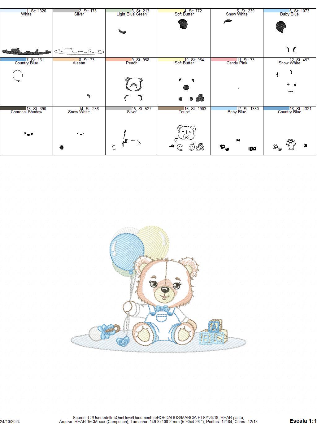 Bear playing with toys embroidery designs - Boy bear with balloons embroidery design machine embroidery pattern - instant download pes jef