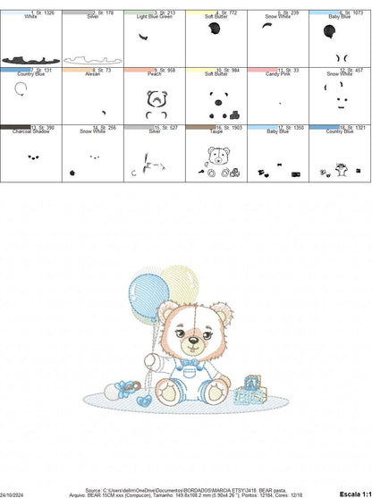 Bear playing with toys embroidery designs - Boy bear with balloons embroidery design machine embroidery pattern - instant download pes jef