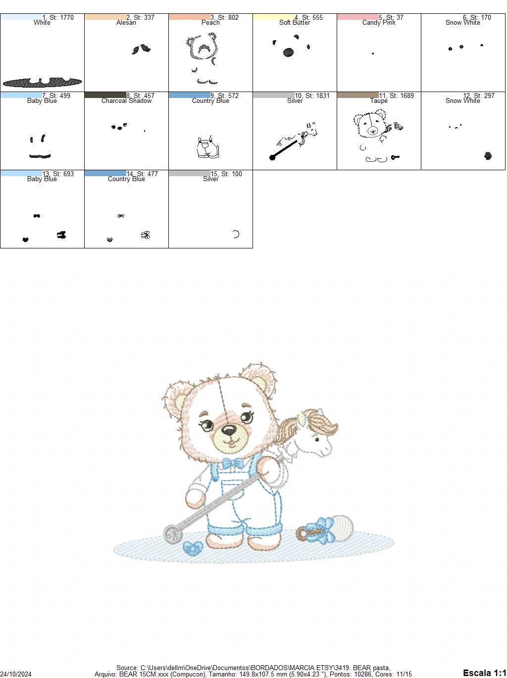 Bear playing with toys embroidery designs - Boy Bear with horse embroidery design machine embroidery pattern - instant download pes jef dst