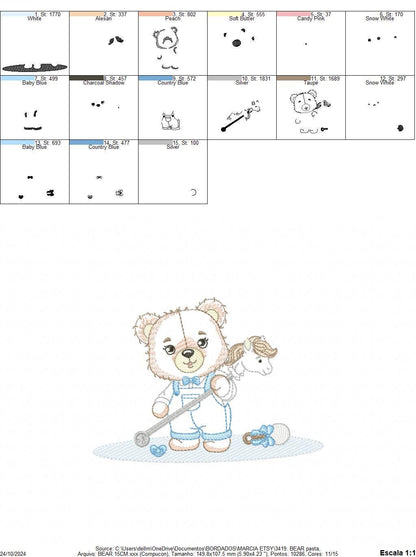 Bear playing with toys embroidery designs - Boy Bear with horse embroidery design machine embroidery pattern - instant download pes jef dst