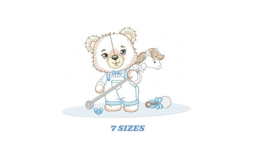 Bear playing with toys embroidery designs - Boy Bear with horse embroidery design machine embroidery pattern - instant download pes jef dst