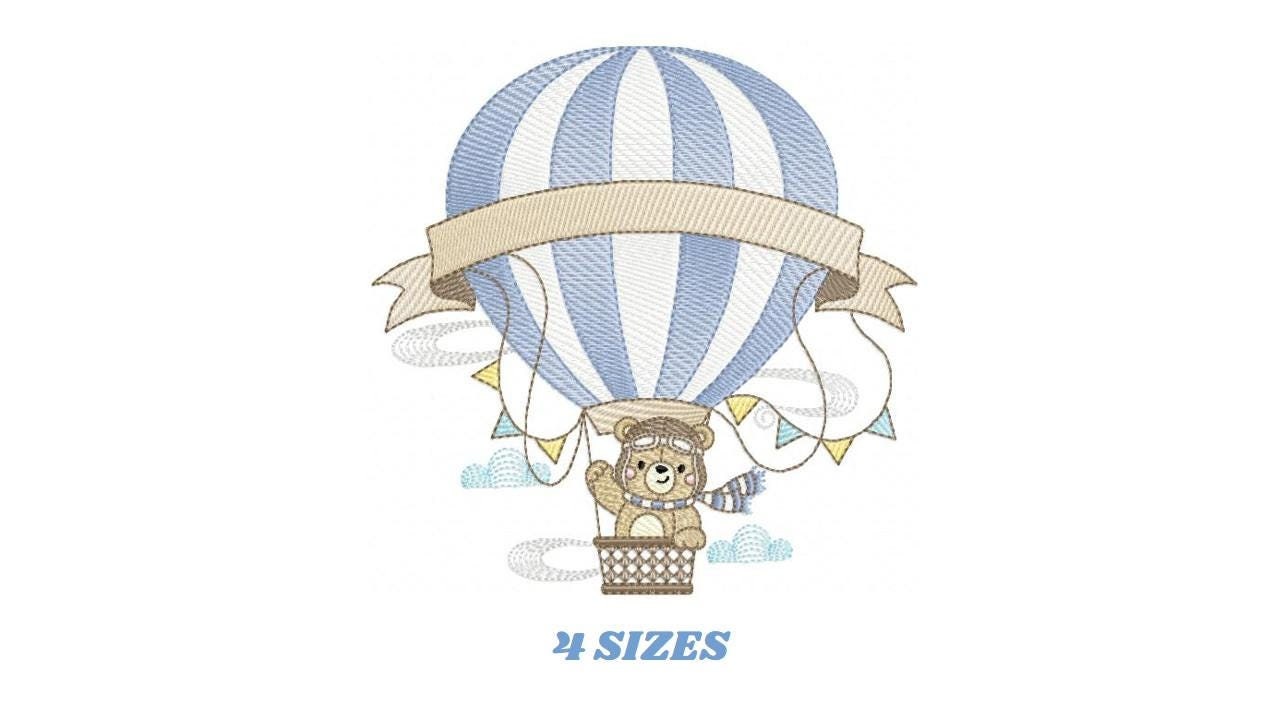 Bear with hot air balloon embroidery designs - Balloon with flags and clouds embroidery design machine embroidery pattern - instant download