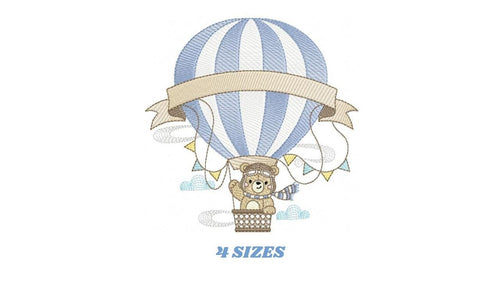 Bear with hot air balloon embroidery designs - Balloon with flags and clouds embroidery design machine embroidery pattern - instant download