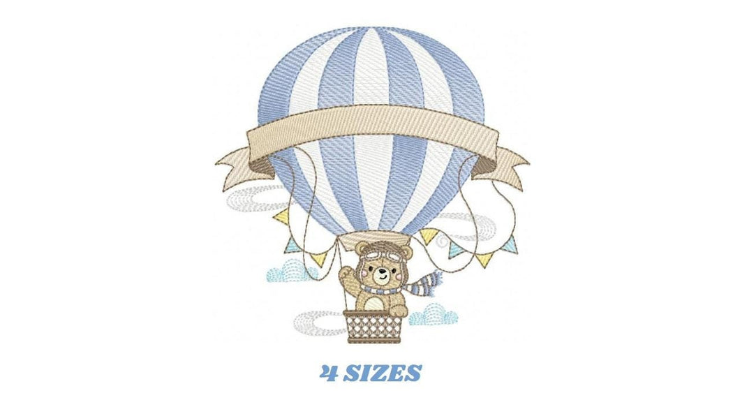 Bear with hot air balloon embroidery designs - Balloon with flags and clouds embroidery design machine embroidery pattern - instant download