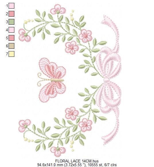Flower with lace embroidery designs - Roses with butterfly embroidery machine embroidery pattern - Floral Kitchen towel - instant download