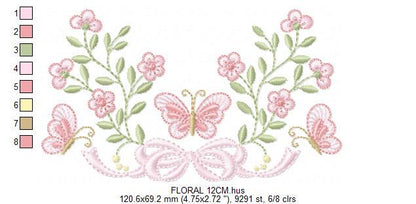 Flowers with lace embroidery designs - Roses with butterfly embroidery machine embroidery pattern - Floral Kitchen towel - instant download