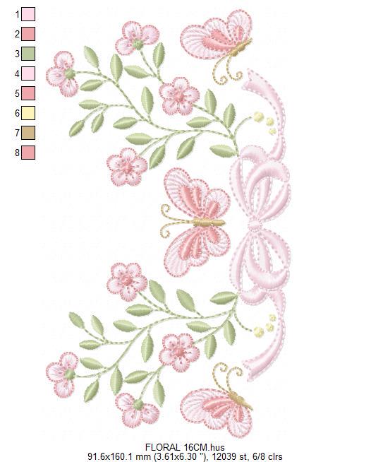 Flowers with lace embroidery designs - Roses with butterfly embroidery machine embroidery pattern - Floral Kitchen towel - instant download