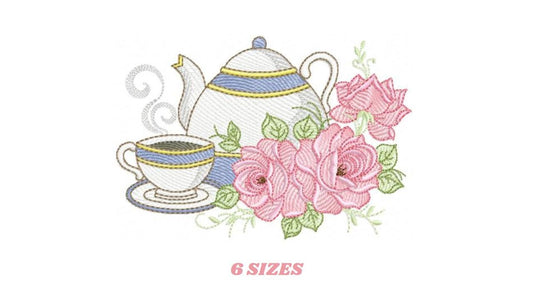 Teapot embroidery design - Tea cup with roses embroidery designs machine embroidery pattern - Kitchen towel Coffee file - Instant download