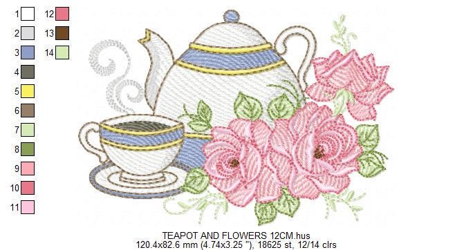Teapot embroidery design - Tea cup with roses embroidery designs machine embroidery pattern - Kitchen towel Coffee file - Instant download