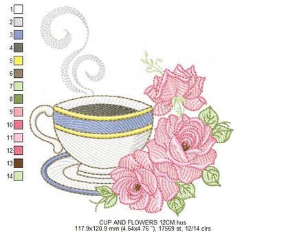 Coffee cup with roses embroidery design - Tea Mug with flowers embroidery designs machine embroidery pattern - Kitchen - Instant download