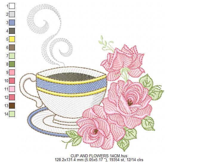 Coffee cup with roses embroidery design - Tea Mug with flowers embroidery designs machine embroidery pattern - Kitchen - Instant download