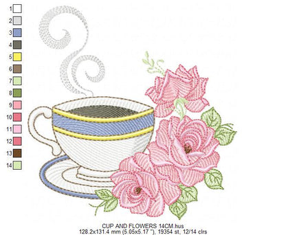 Coffee cup with roses embroidery design - Tea Mug with flowers embroidery designs machine embroidery pattern - Kitchen - Instant download