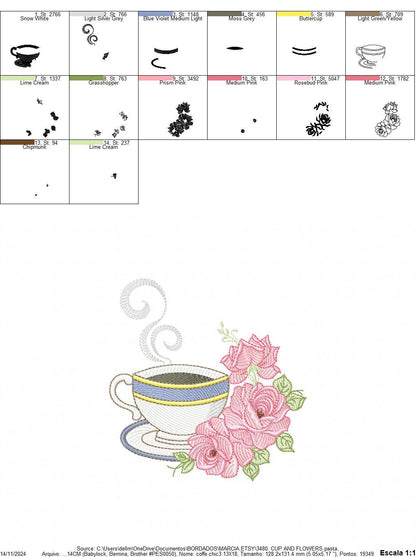 Coffee cup with roses embroidery design - Tea Mug with flowers embroidery designs machine embroidery pattern - Kitchen - Instant download