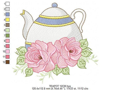 Teapot embroidery design - Roses embroidery designs machine embroidery pattern - Coffee Kitchen towel embroidery file - Instant download pes