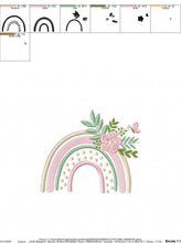 Load image into Gallery viewer, Boho Rainbow embroidery design - Colorful Rainbow with flowers machine embroidery pattern - Delicate Kitchen Towel file - Instant download
