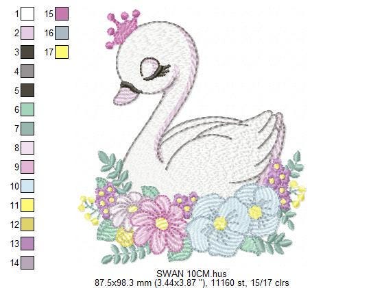 Swan with crown embroidery designs - Baby Girl embroidery design machine embroidery pattern - Swan with flowers - Instant download pes jef
