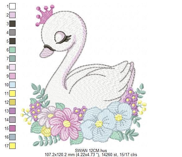 Swan with crown embroidery designs - Baby Girl embroidery design machine embroidery pattern - Swan with flowers - Instant download pes jef