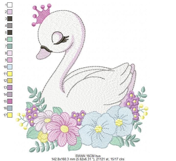 Swan with crown embroidery designs - Baby Girl embroidery design machine embroidery pattern - Swan with flowers - Instant download pes jef