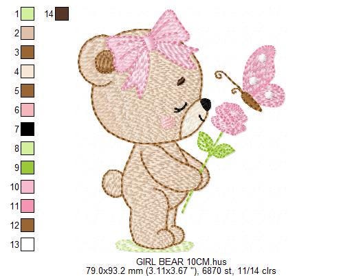 Female Bear embroidery designs - Bear with lace and butterfly embroidery design machine embroidery pattern - Flower bow - Instant download