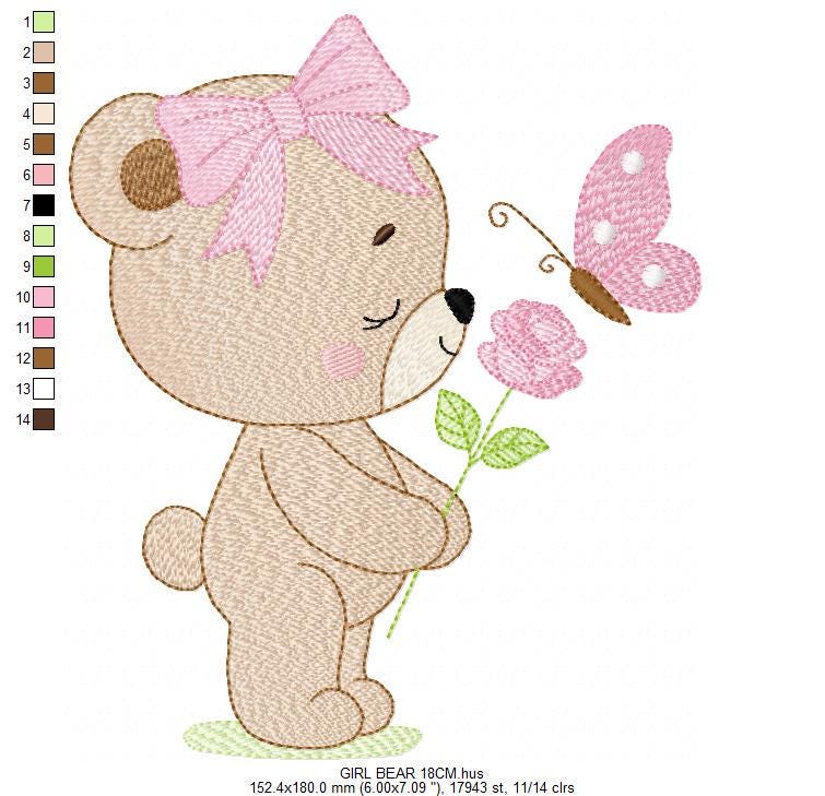 Female Bear embroidery designs - Bear with lace and butterfly embroidery design machine embroidery pattern - Flower bow - Instant download