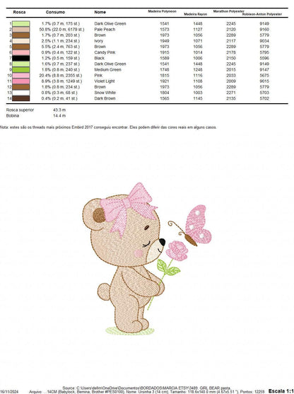 Female Bear embroidery designs - Bear with lace and butterfly embroidery design machine embroidery pattern - Flower bow - Instant download
