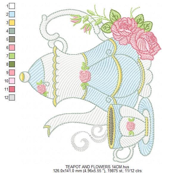 Teapot with roses embroidery design - Cup with flowers machine embroidery pattern - Kitchen Tea Towel file - Instant digital download pes jef