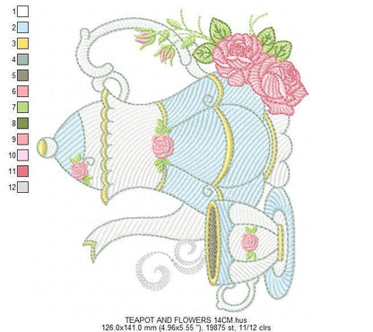 Teapot with roses embroidery design - Cup with flowers machine embroidery pattern - Kitchen Tea Towel file - Instant digital download pes jef