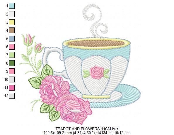 Coffee cup embroidery design - Tea Mug with roses embroidery designs machine embroidery pattern - Kitchen Towel file - Instant download pes