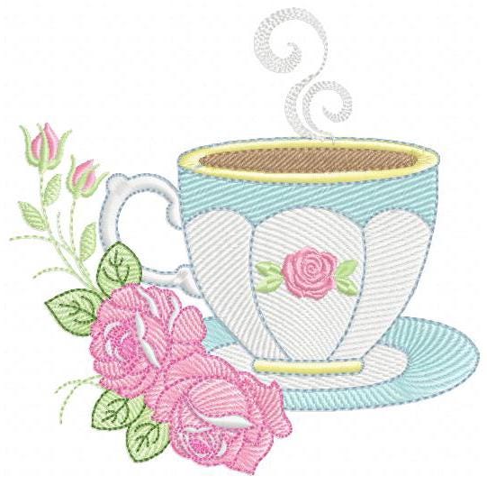 Coffee cup embroidery design - Tea Mug with roses embroidery designs machine embroidery pattern - Kitchen Towel file - Instant download pes