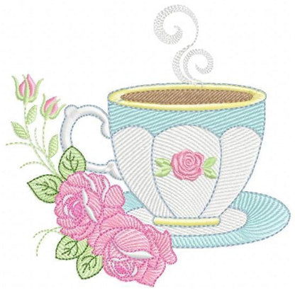Coffee cup embroidery design - Tea Mug with roses embroidery designs machine embroidery pattern - Kitchen Towel file - Instant download pes