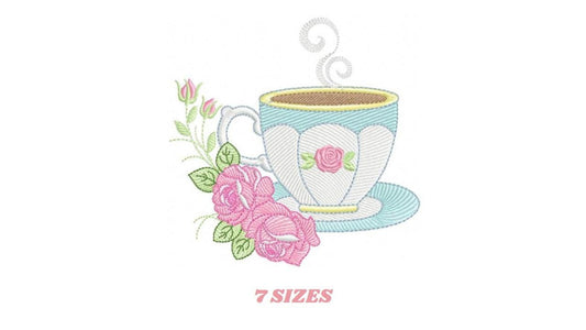 Coffee cup embroidery design - Tea Mug with roses embroidery designs machine embroidery pattern - Kitchen Towel file - Instant download pes