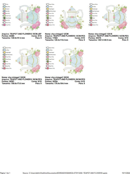 Teapot wih roses embroidery design - Cup with flowers embroidery designs machine embroidery pattern - Kitchen Towel file - Instant download