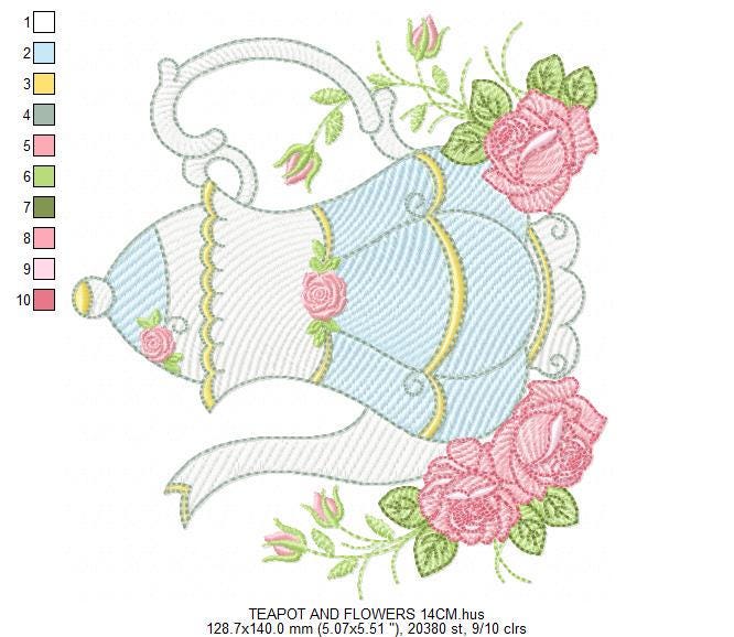 Teapot with roses embroidery design - Cup with flowers embroidery designs machine embroidery pattern - Kitchen Towel file - Instant download
