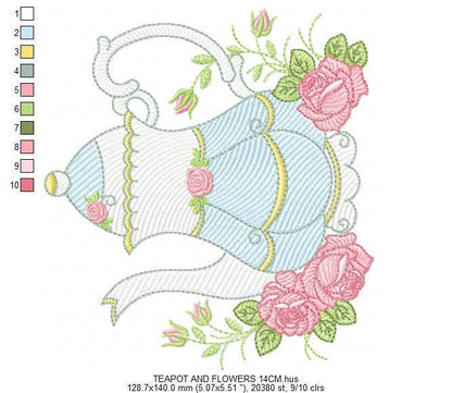 Teapot with roses embroidery design - Cup with flowers embroidery designs machine embroidery pattern - Kitchen Towel file - Instant download