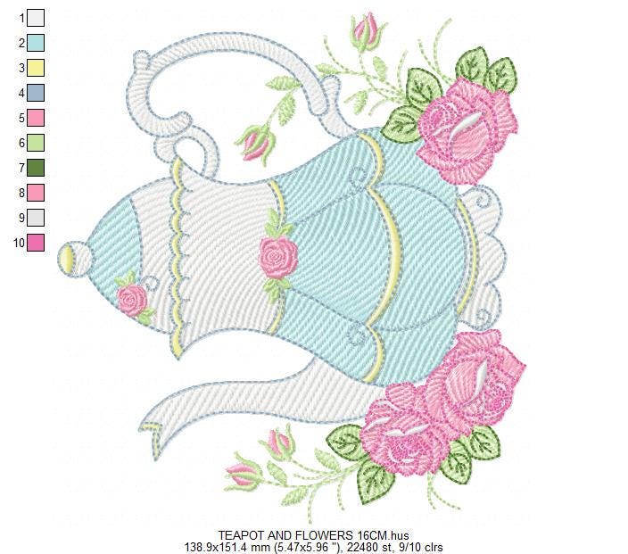 Teapot with roses embroidery design - Cup with flowers embroidery designs machine embroidery pattern - Kitchen Towel file - Instant download