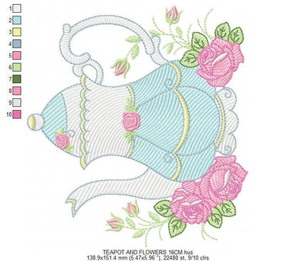Teapot with roses embroidery design - Cup with flowers embroidery designs machine embroidery pattern - Kitchen Towel file - Instant download