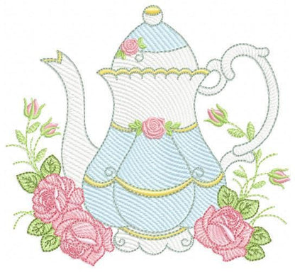 Teapot wih roses embroidery design - Cup with flowers embroidery designs machine embroidery pattern - Kitchen Towel file - Instant download