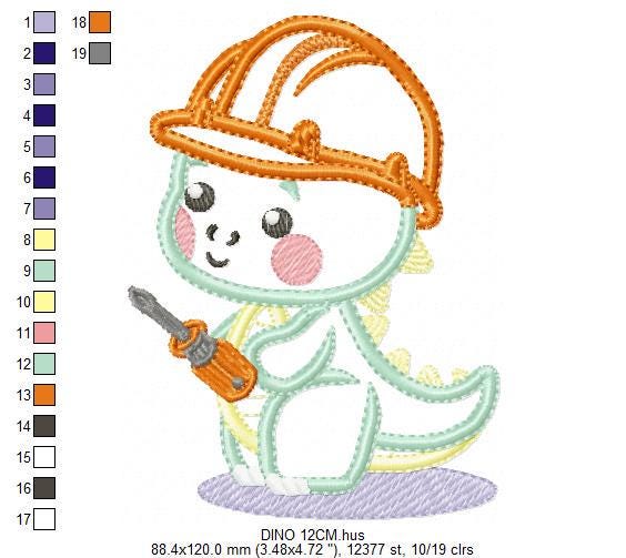 Dinosaur embroidery designs - Constructor Dino embroidery machine embroidery pattern - Contractor Safety Helmet Applique - Instant download